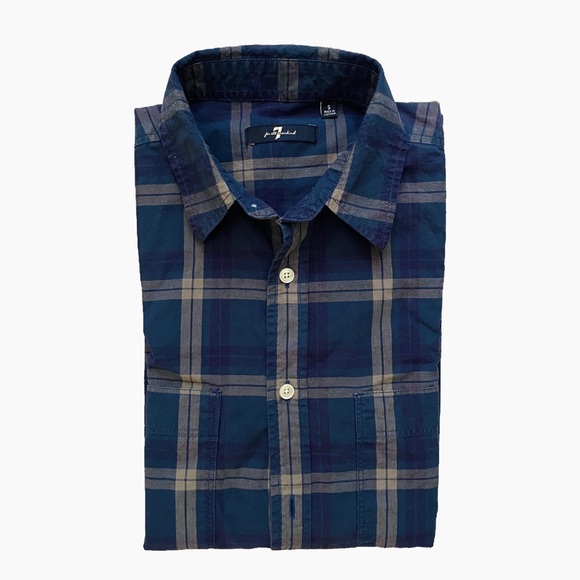 7 for all mankind blue plaid, double pocket casual shirt - Picture 4 of 4